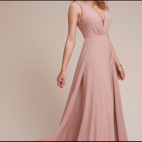 Jenny Yoo Ryan Illusion Neck Chiffon Gown Apricot - Picture 1 of 4